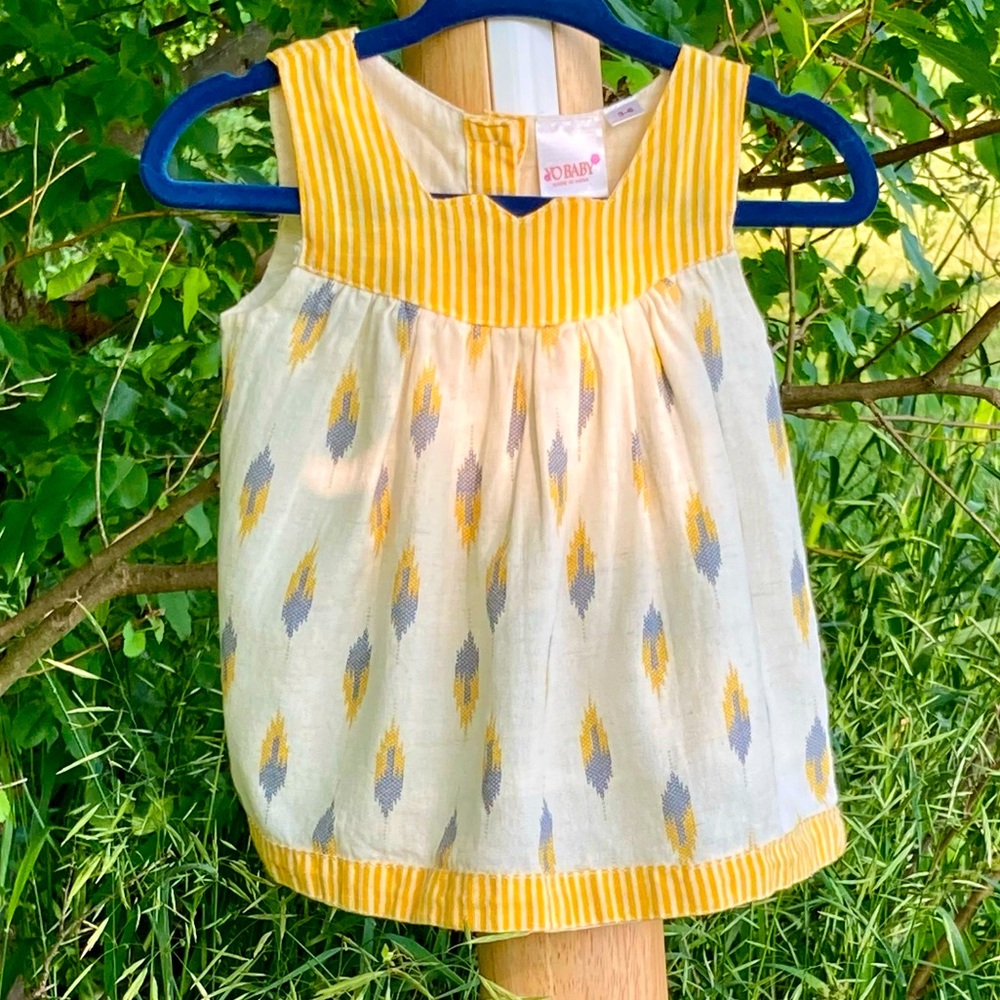 YO BABY: 3-6m girls sleeveless cotton dress in cream, grey and sunshine yellow.